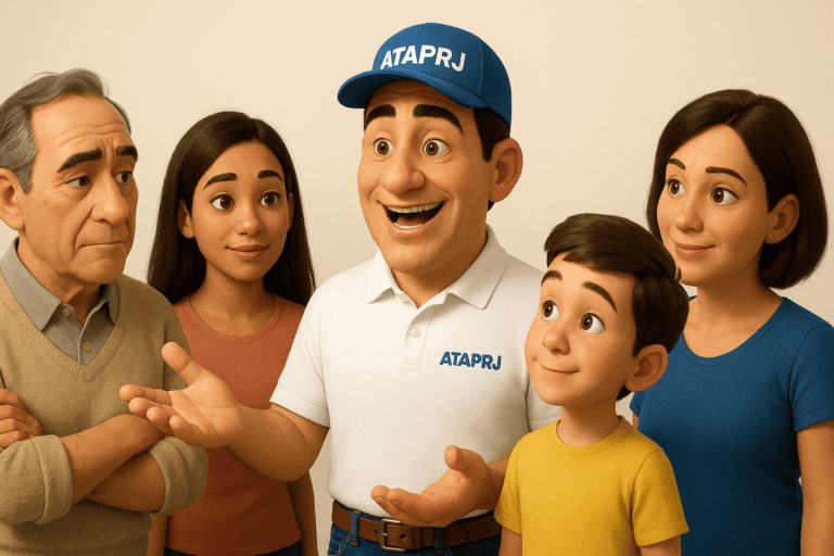 Ilustração em 3D estilo Pixar mostra Manolo, personagem da ATAPRJ, sorrindo enquanto conversa com um grupo diverso de pessoas sobre o fornecimento seguro e regulamentado de água potável.