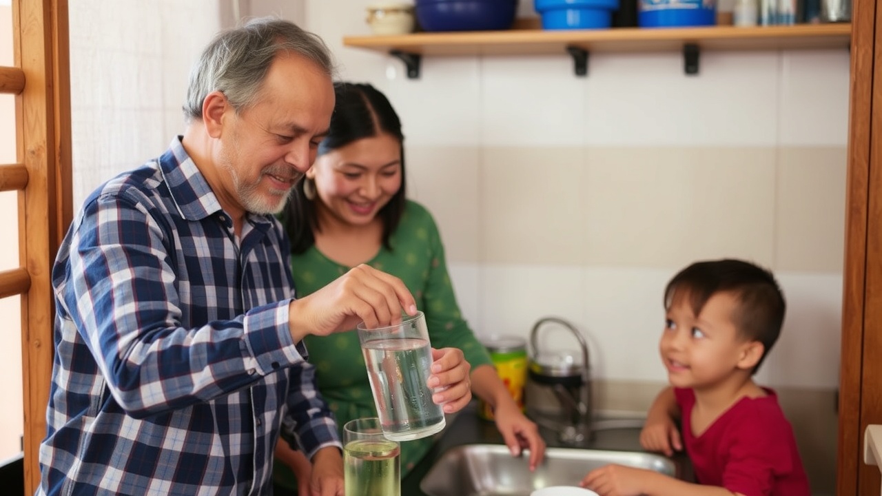 Uma família usando um filtro de água em casa para purificar sua água potável.