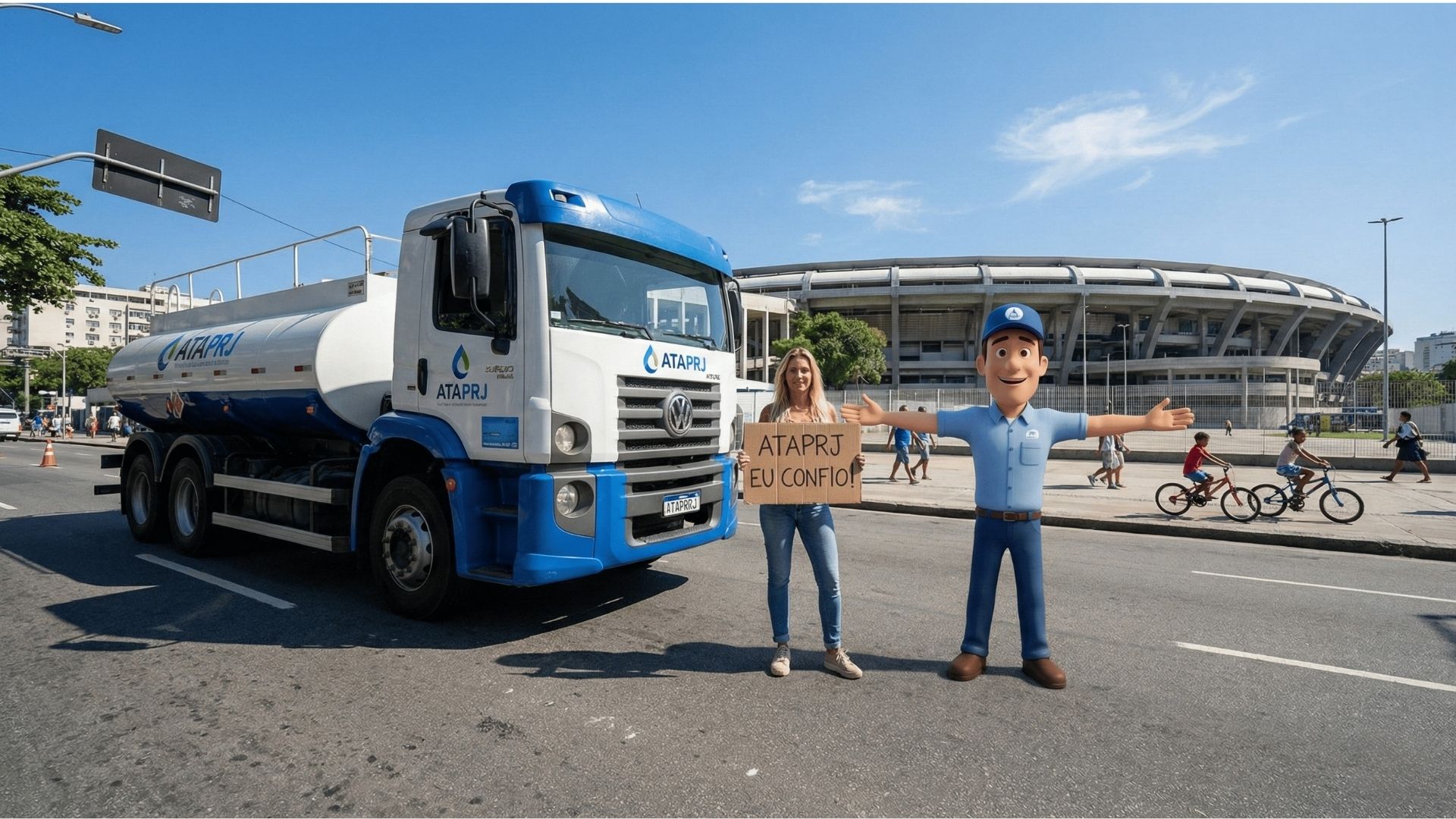 Caminhão pipa na frente do Estádio do Maracanã